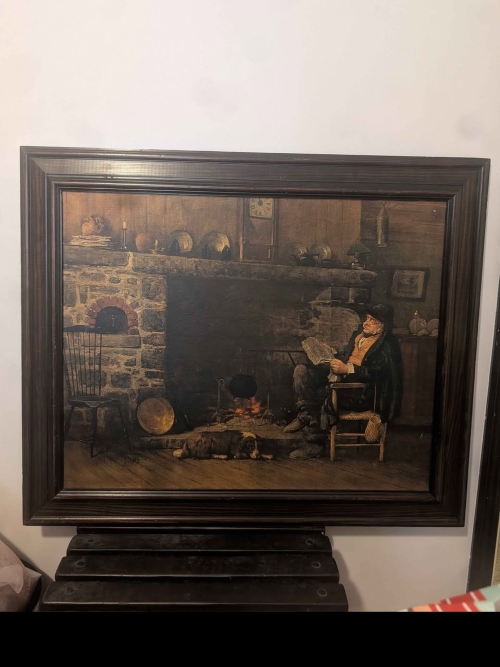 Wooden Frame Vintage Rustic Fireplace Scene Wall Art - Brown